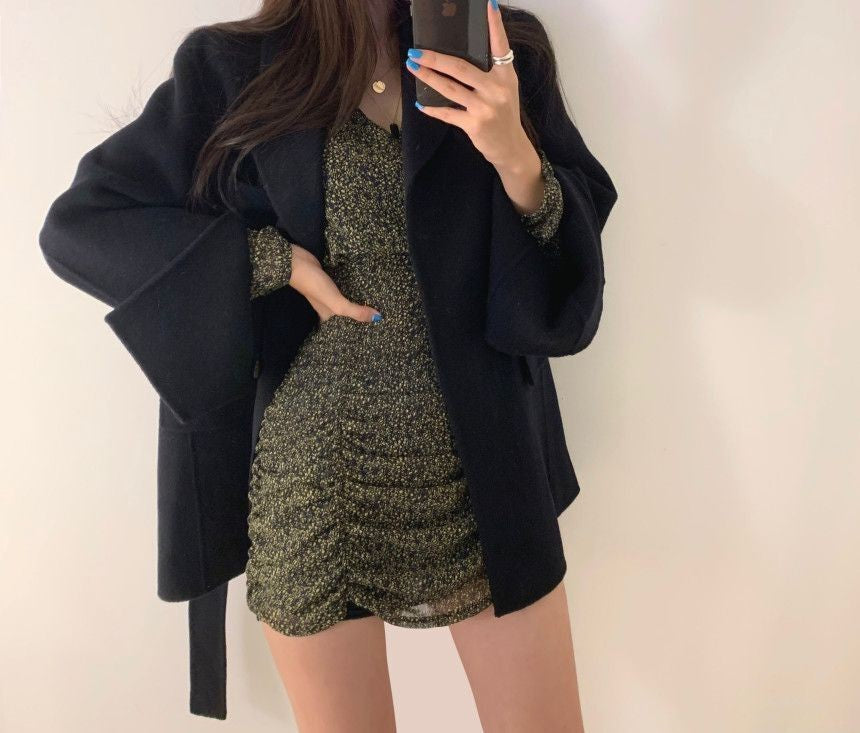 Retro Chic Autumn Winter Woolen Coat One Button Long Sve Suit Collar Waist Cinched Side Slit Warm Knitwear for Women