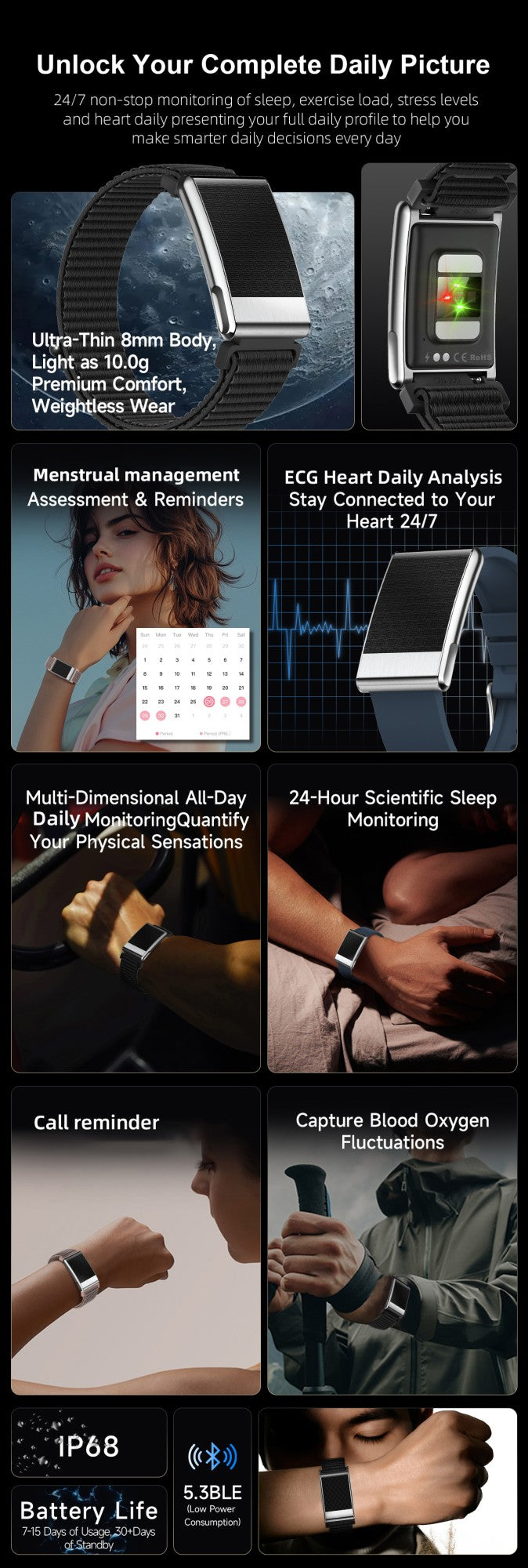 LIGE ECG+PPG Pulseira Inteligente Feminina Lipídios Sanguíneos Ácido Úrico Oxigênio no Sangue VFC Ciclo Menstrual Monitor Cardíaco Esportivo Relógio de Saúde Masculino