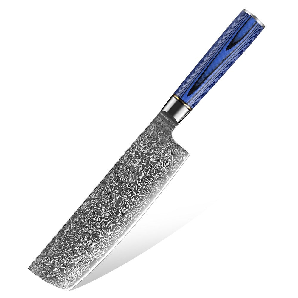 Conjunto de Facas de Cozinha 1-7 Peças, Aço Damasco Ultra Afiado para Chefe, Pão, Santoku, Desossar, Utilitárias, Lâmina com Padrão de Rosa Cabo G10 Azul