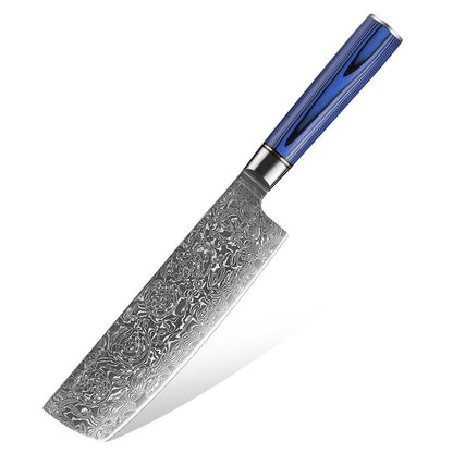 Conjunto de Facas de Cozinha 1-7 Peças, Aço Damasco Ultra Afiado para Chefe, Pão, Santoku, Desossar, Utilitárias, Lâmina com Padrão de Rosa Cabo G10 Azul