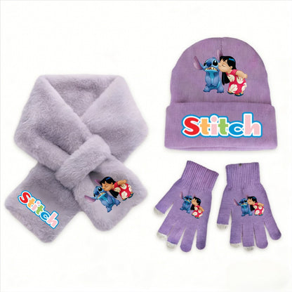 Conjunto de 3 peças de chapéu, cachecol e luvas de malha de inverno Stitch Disney Kawaii quente para meninas Acessórios casuais de moda infantil presente de Natal perfeito