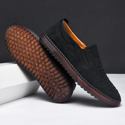 New 2024 Handmade Leather Men Shoes Design Fashion Sneakers Slip On Loafers Summer Mesh Breathable Casual Shoes Men Driving Flat