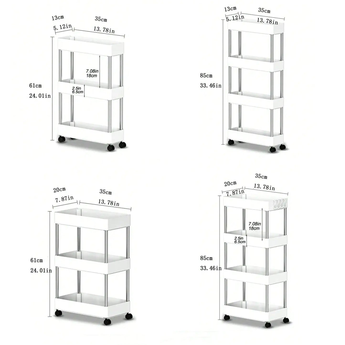 Rack de armazenamento móvel com 3/4 níveis para espaços estreitos, carrinho utilitário com rodinhas, prateleira organizadora fina para cozinha, banheiro e sala de estar
