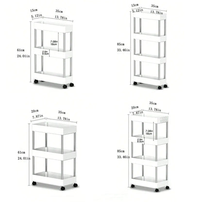 Rack de armazenamento móvel com 3/4 níveis para espaços estreitos, carrinho utilitário com rodinhas, prateleira organizadora fina para cozinha, banheiro e sala de estar