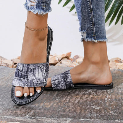 Casual Denim Slippers for Women 2025 Fashionable Non-Slip Wear-Resistant Soft Bottom Comfortable Flat Heel Sandals