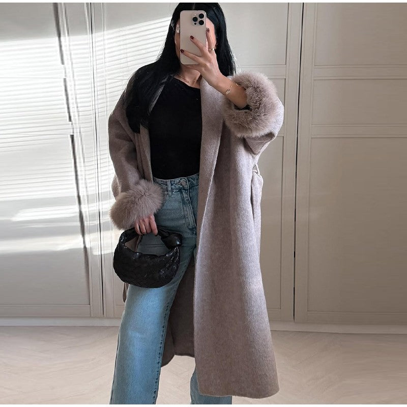 Lace-Up Short Overcoat Women's Coat Office Lady Elegant Woolen Furry Patchwork Long Sleeve Coats 2025 New Loose Cardigan Jackets