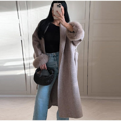 Lace-Up Short Overcoat Women's Coat Office Lady Elegant Woolen Furry Patchwork Long Sleeve Coats 2025 New Loose Cardigan Jackets