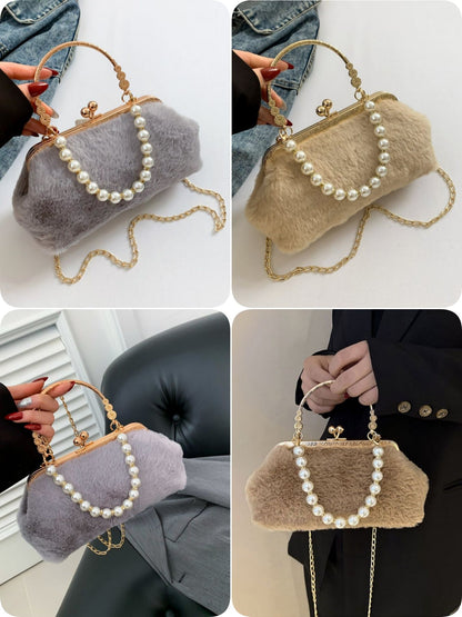 New suede pearl fashionable handbag small shoulder bag,metal handle highlights noble temperament,pearl chain adds elegant charm