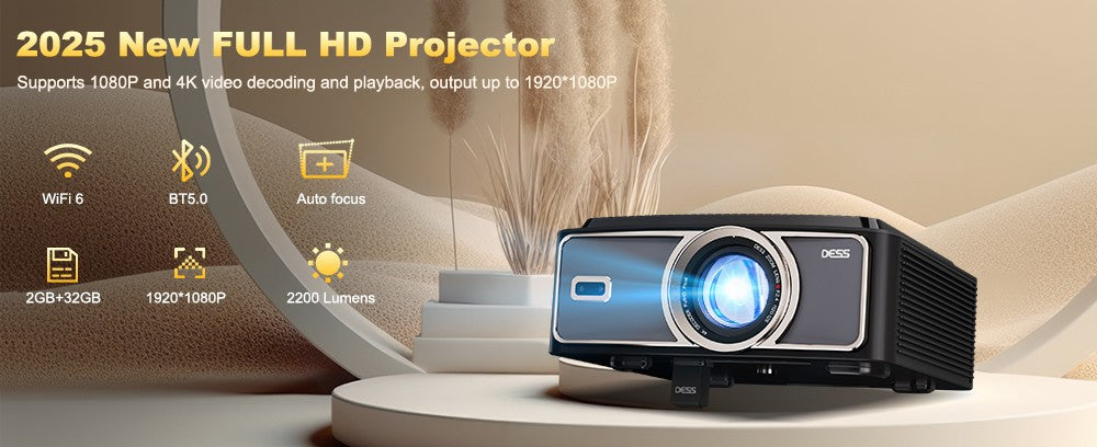 Projetor DESS 1080P Full HD Novo Projetor LED 4K Dual WiFi Android Smart TV Projetor para Home Theater e Conferência Google Assistant