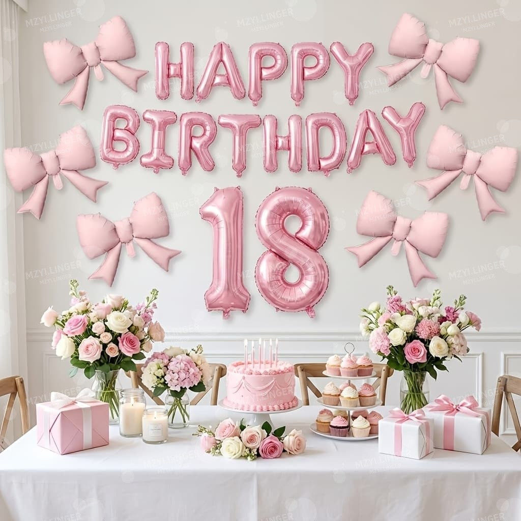 Pink Bow Birthday Balloon Happy Birthday Letter Balloon Used for Wedding, Valentine's Day, Birthday, Proposal Decoration Decor