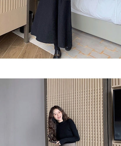 Autumn Winter Women's Mid-Length Knitted Pleated Skirt High Waist A-Line Long Skirt Loose Fuzzy Wool Skirt Double ket