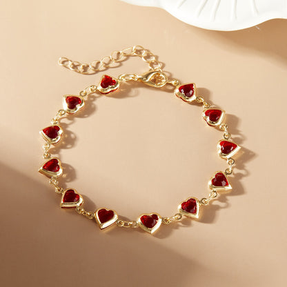 Pulseiras elegantes de corrente de metal com zircônia e cristal vermelho para mulheres, pulseiras coloridas de coração, joias de pulso, presente para festas de casamento e meninas