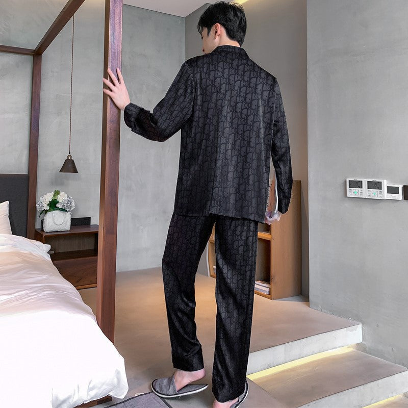 Plus Size Men's Pajama Suit Long Sleeve Silk Jacquard Pattern Premium Black Suit Lapel Top Long Pants Sleepwear Loungewear