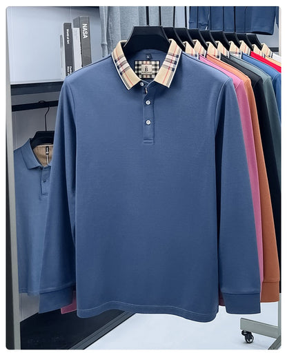 Luxury brand long sleeve polo shirt men comfortable casual autumn item silk cotton high-end Korean fashion plaid lapel T-shirt