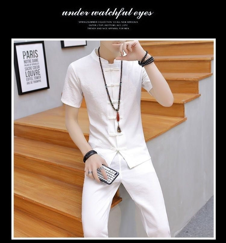 Summer New Fashion Solid Color Breathable Cotton and Linen Suit Men's Leisure Loose Sports Large Size High-Grade Two-Piece Set
