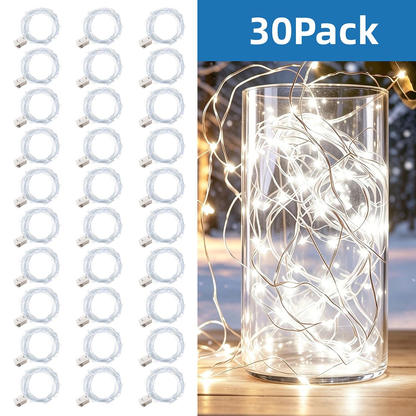 30 Pack LED Fairy Light Battery Powered String Light -6.5-foot 20 LED Silver Line Firefly Star Moon Light, Suitable for DIY Handmade Wedding Table Decoration, Party Bedroom Christmas Decoration, Room Decoration Christmas Decoration