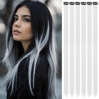 6 Pcs Clip Extensions, 24 Inch Colored Hair Extensions Party Highlights Long Straight Synthetic Hairpieces for Women Kids Girl