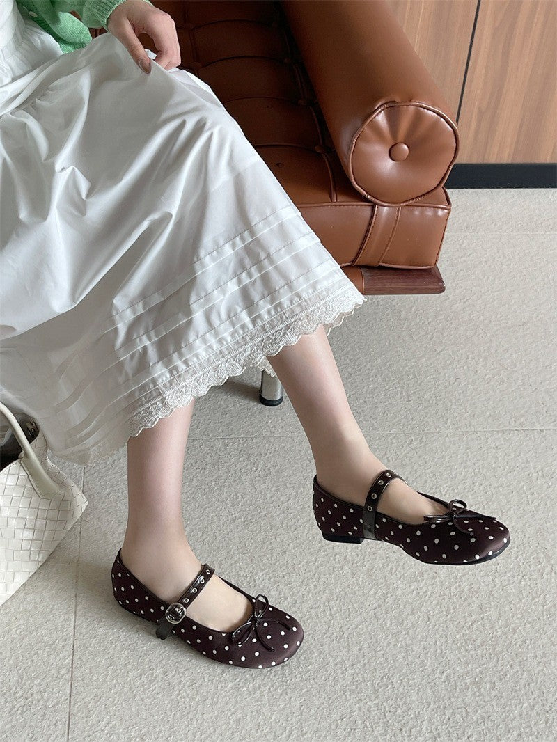 Designer Polka Dot Ballet Flats for Women Sweet Bow Decoration Elegant Mary Jane Shoes Fashion Buckle Shallow Comfort Dress Shoe