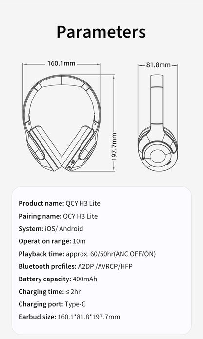 QCY H3 Lite ANC Wireless Headphones Bluetooth 5.3 Active Noise Cancelling Over Ear Headset 40mm Driver HiFi Sound Earphones