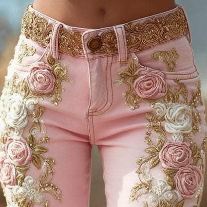 Romantic Pink Rose Flower Print Jeans Vintage Elegant Buttoned Women's Pants Autumn High Waist Slim Chic Trousers Harajuku Mujer