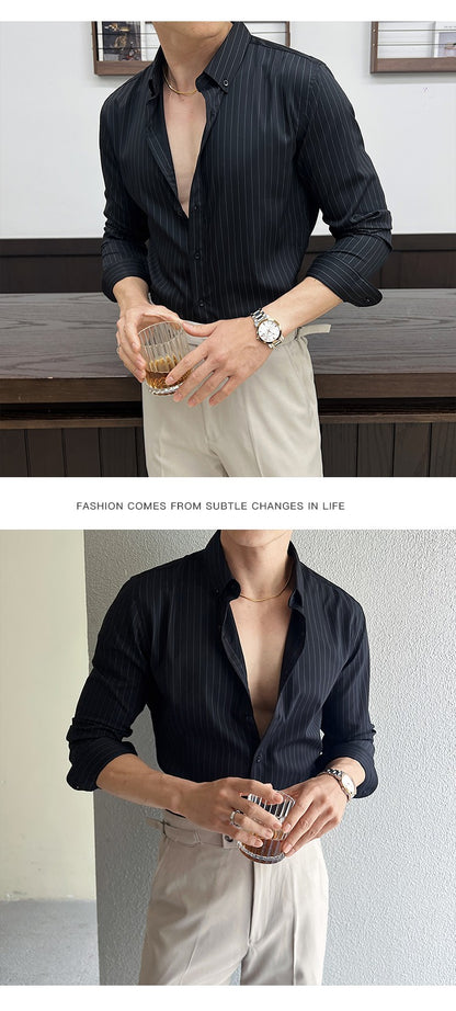 Striped Shirts for Men High-quality 2025 Autumn New Solid Business Casual Long Sleeved Elastic Slim Fit Dress Shirt Men Clothing