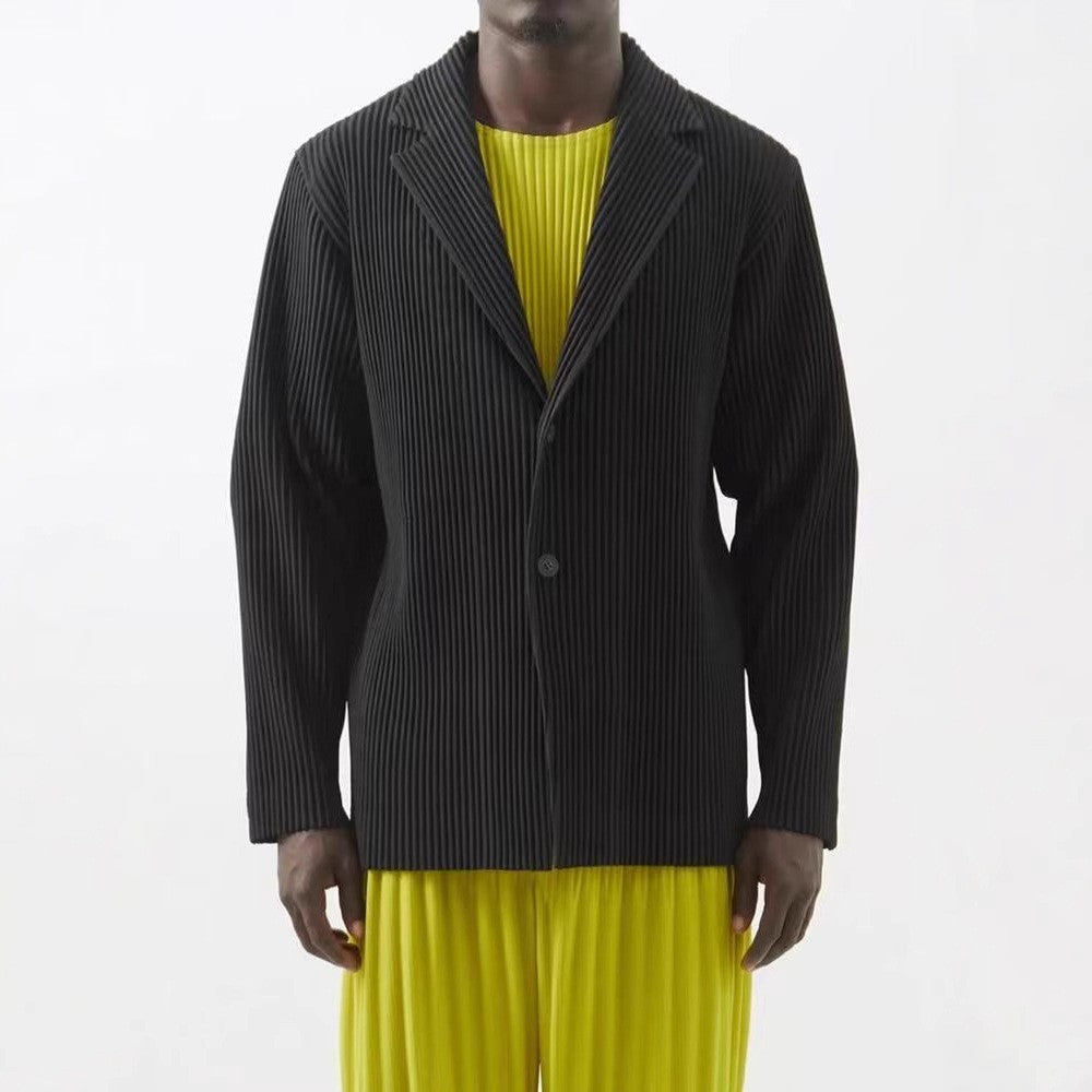Miyake New 2025 Spring Suit Long Sleeve Pleated Pleated Men's Jacket Lapel Pleated Solid Color Fashion Loose Plisse Casual Top