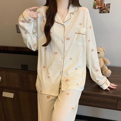 Women's Pajamas Set Bow Print Sleepwear Button Down Tops Long Pajama 2 Piece Suit Pyjama Femme Nightwear Loungewear for Winter
