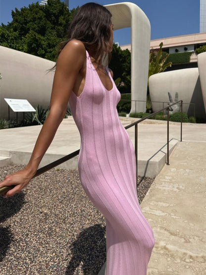 Trendix Knit Backless Dress For Women V Neck Slim Sleeveless Suspender Maxi Dres