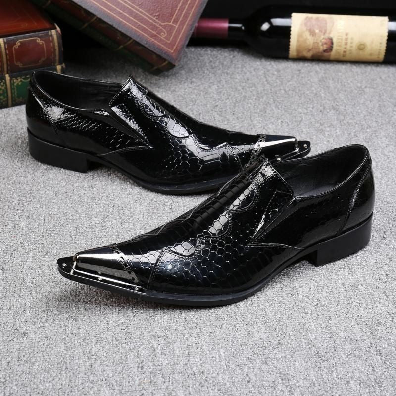 2024 Western Fashion Pointed Metal Toe Dress Shoes Blue Grey Party Wedding Leather Shoes for Men