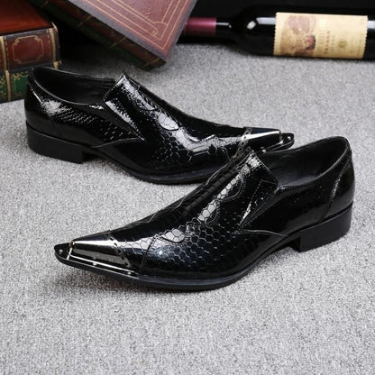 2024 Western Fashion Pointed Metal Toe Dress Shoes Blue Grey Party Wedding Leather Shoes for Men
