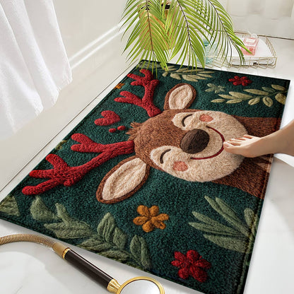 1pc Fluffy Christmas Deer Bath Mat - Quick-Dry & Absorbent, Festive Holiday Design with Red Berries & Green Leaves bathroom mat
