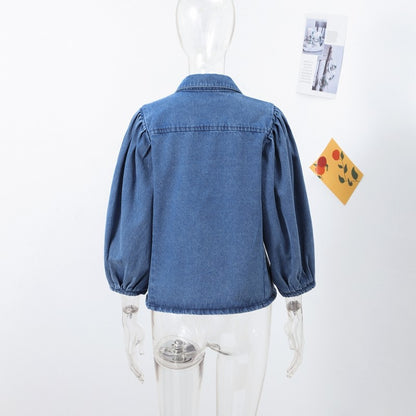 Fashion Denim Women Short Shirt Lapel Half Puff Sleeve Pleated  Turn-down Collar Solid Female Top 2025 Autumn Lady Shirts