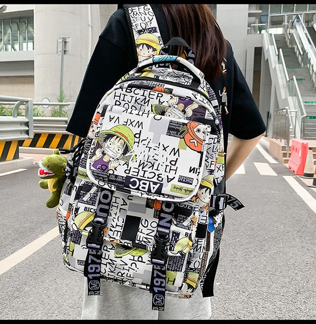 Mochila Anime Masculina e Feminina de Grande Capacidade One Piece Luffy Graffiti Estampada para Alunos do Ensino Médio