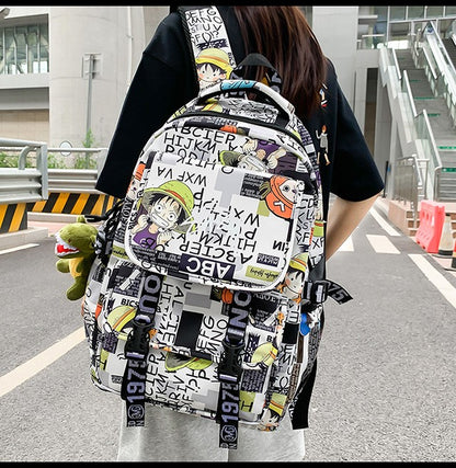 Mochila Anime Masculina e Feminina de Grande Capacidade One Piece Luffy Graffiti Estampada para Alunos do Ensino Médio
