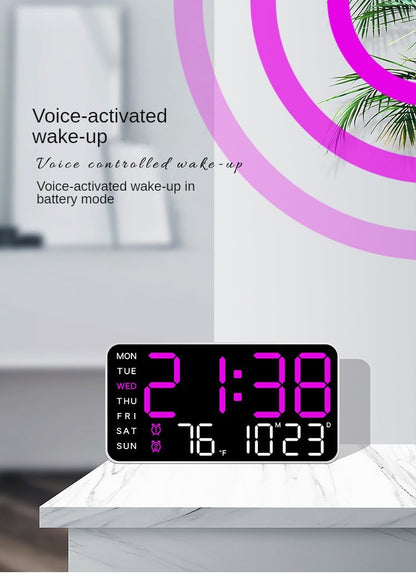Large Digital Wall Clock Week Date Temperature Display Voice Control Table LED Alarm Clocks Brightness Adjustable 12/24H Clock