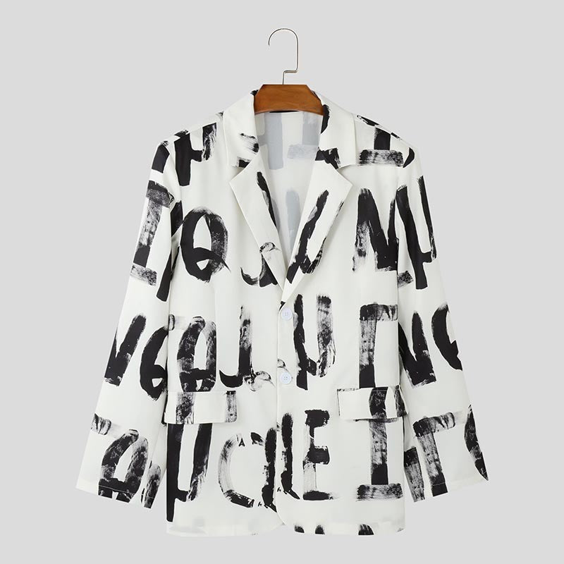 Fashion Casual Style Tops INCERUN Handsome Men's Art Hand-painted Letter Suit Coat Streetwear Male All-match Long Sleeved Blazer