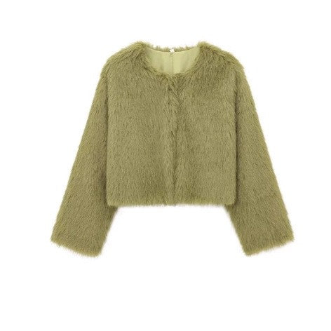 Faux fur jacket Traf   Fall/Winter New Fashion Women's Faux Fur Effect Round Neck Long Sleeve Short Jacket 2025