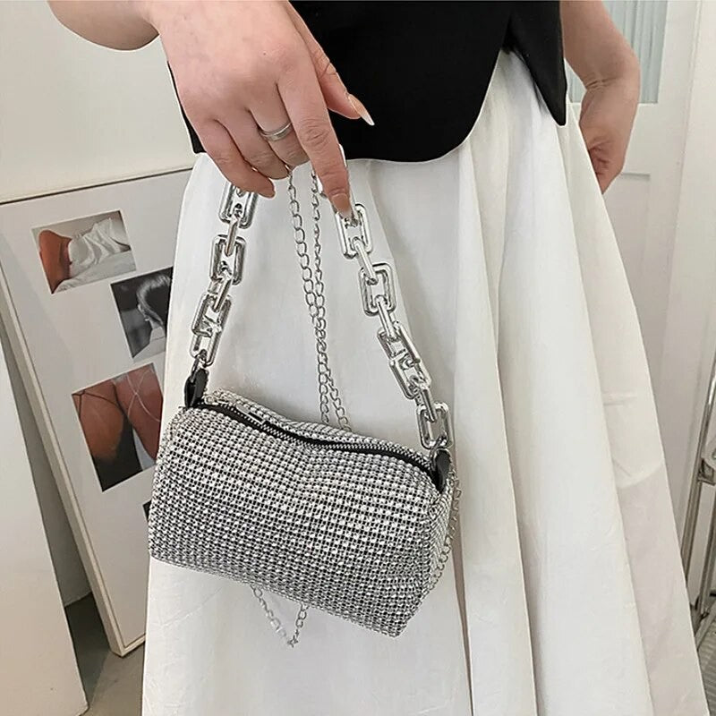 Luxury Rhinestone Bucket Bag Glitter Chain Prom Purse Women's Dinner Package Fashion Female Shoulder Bag