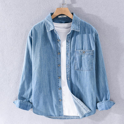 Spring Japanese Sle Loose Casual Long Sve Men's Denim irt Vintage Simple Outerwear Youth Faion Stand Fit Button up