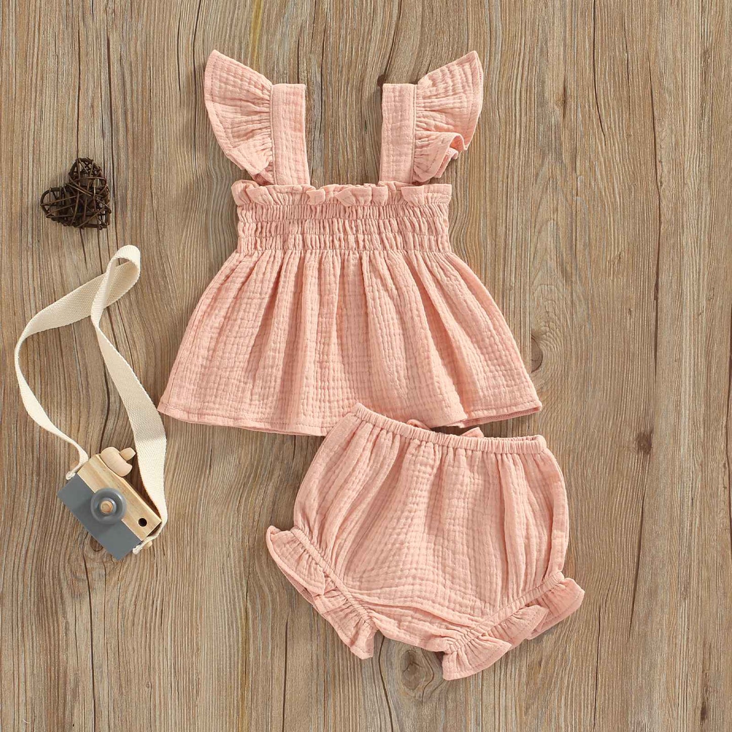 Summer 2023 Baby Girls Suit Set Solid Cotton Linen Casual Square Neck Fly Sleeve Tops+Ruffle Shorts Clothes for Toddler Infant