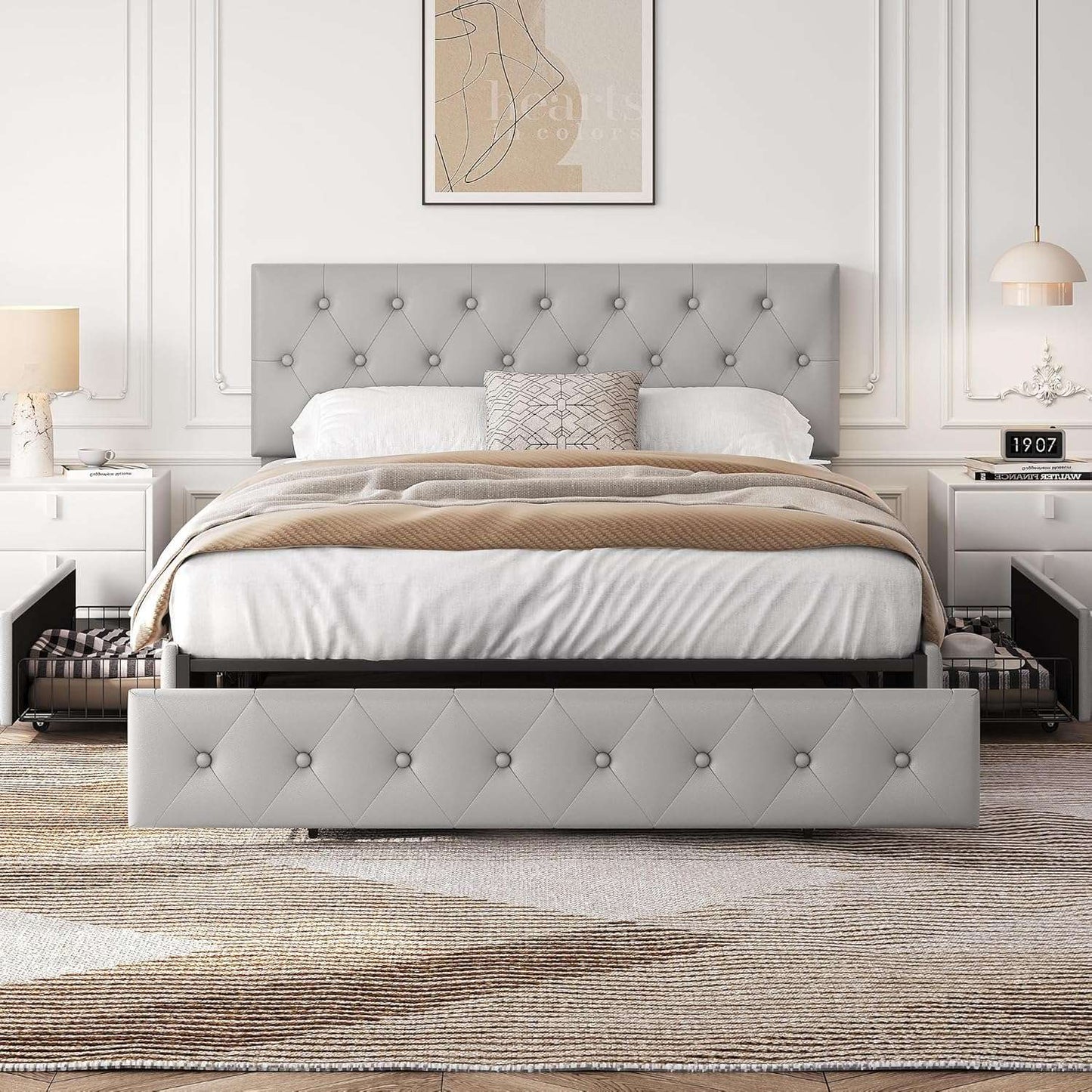 Yaheetech Queen Bed Frame Upholstered Bed Frame with Adjustable Diamond Button-Tufted Headboard/3 Drawers Storage, Queen Platfor
