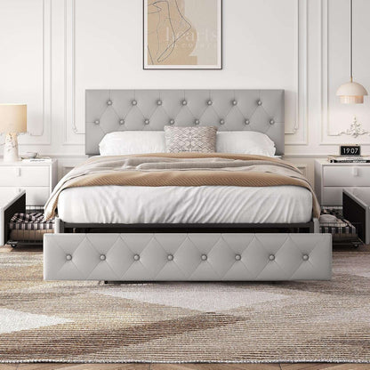 Yaheetech Queen Bed Frame Upholstered Bed Frame with Adjustable Diamond Button-Tufted Headboard/3 Drawers Storage, Queen Platfor