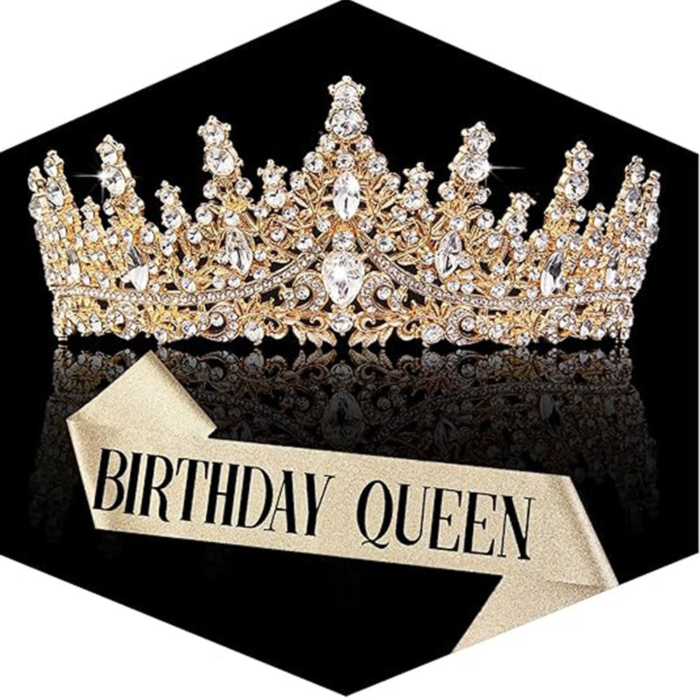 Gold Crown for Women Crystal Queen Tiaras Sash Rhinestone Queen Crowns Hair Accessories Birthday Prom Pageant Party