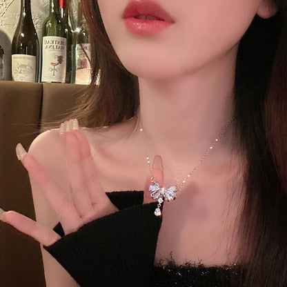 Colar coreano com pingente de laço de coração de cristal rosa, corrente prateada, para mulheres, joias estéticas para casamento