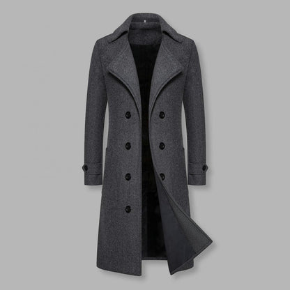 Men Overcoat Double-breasted Slim Fit Mid Length Long Sleeve Thick Windproof Warm Soft Cardigan Buttons Lapel Men Long Coat