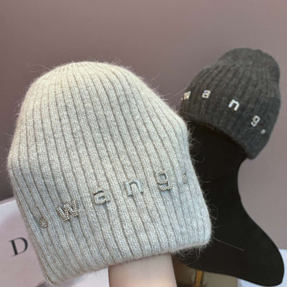 Simple Rabbit Hair Knitted Beanie for Women Outdoor Winter Warm Hat with Ear Flaps Basic Stretchable Skull Cap