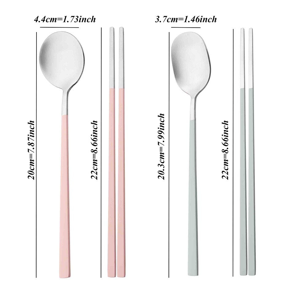 2Pcs Sushi Chopsticks Spoon Flatware Set Korean Colorful Silver Matte Tableware Stainless Steel Cutlery Set Spoon Dinnerware Set