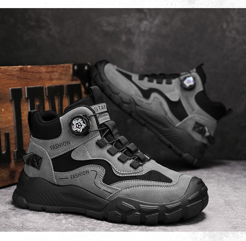 High-Top Men's Shoes for Winter, Thick-Soled Sports Shoes, British Style Retro Work Shoes, Rotating Buckle Casual Boots