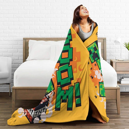 Cartoon Mines Pixel Game Crafts Flannel Blanket Super Warm Throw Blanket for Home Decor Decorative Street Trend Bedspread