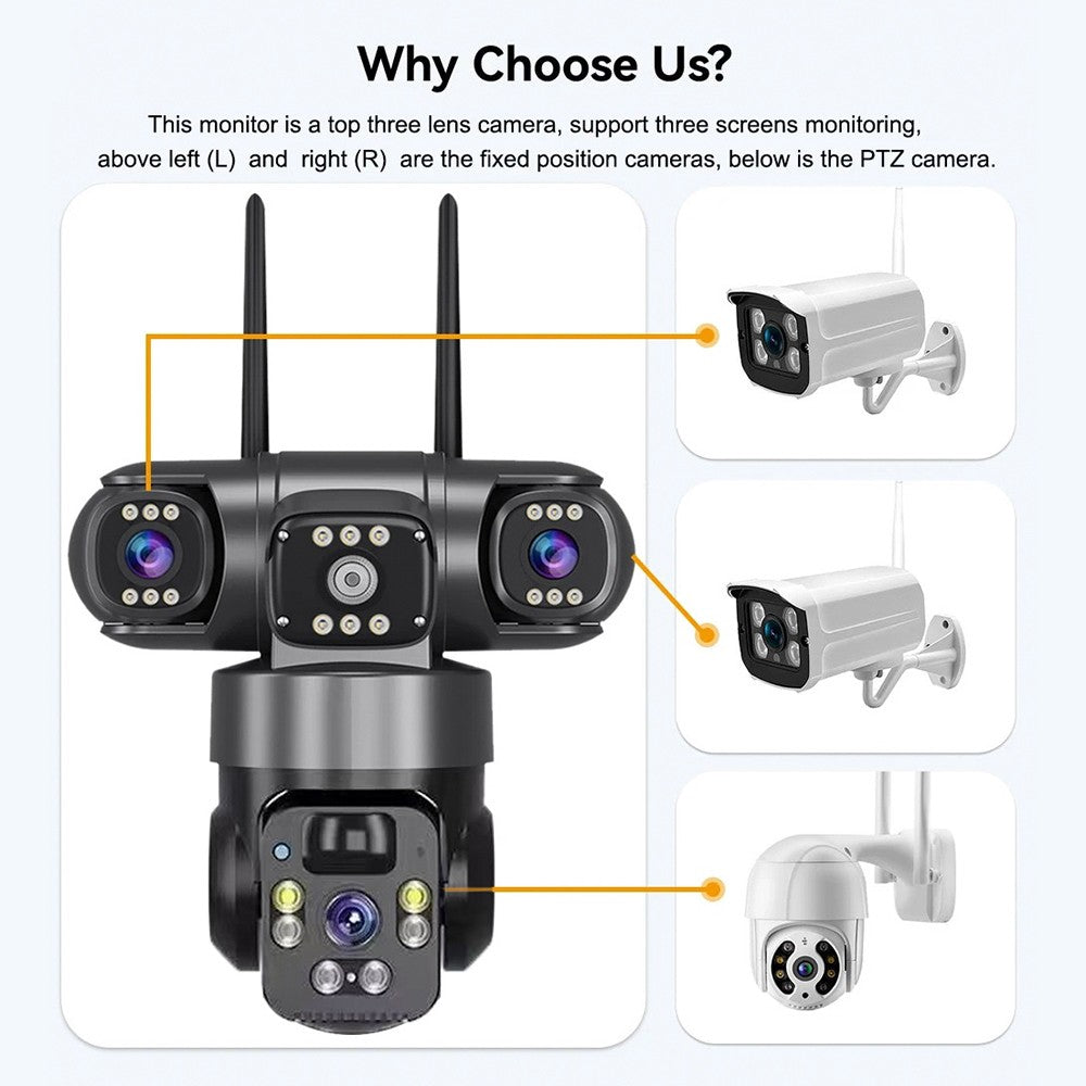 Câmera Solar WiFi Full HD 9MP 3 Telas 3 Lentes Zoom 10X Câmera com Detecção Humana PIR Vigilância Visão Noturna Proteção de Segurança
